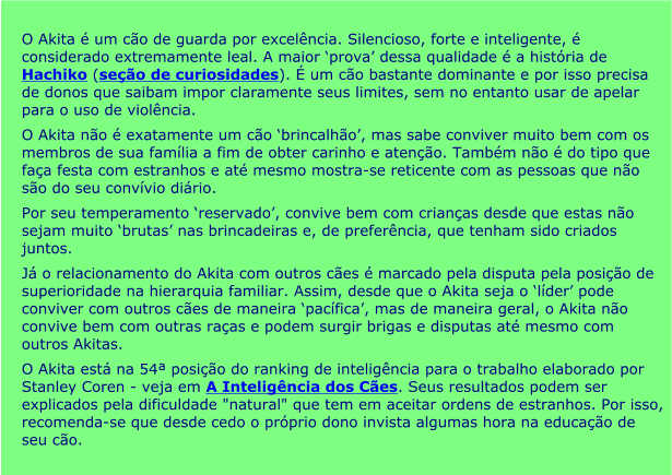 O Akita é um cão de guarda por excelência. Silencioso, forte e inteligente, é considerado extremamente leal. A maior ‘prova’ dessa qualidade é a história de Hachiko (seção de curiosidades). É um cão bastante dominante e por isso precisa de donos que saibam impor claramente seus limites, sem no entanto usar de apelar para o uso de violência. O Akita não é exatamente um cão ‘brincalhão’, mas sabe conviver muito bem com os membros de sua família a fim de obter carinho e atenção. Também não é do tipo que faça festa com estranhos e até mesmo mostra-se reticente com as pessoas que não são do seu convívio diário. Por seu temperamento ‘reservado’, convive bem com crianças desde que estas não sejam muito ‘brutas’ nas brincadeiras e, de preferência, que tenham sido criados juntos. Já o relacionamento do Akita com outros cães é marcado pela disputa pela posição de superioridade na hierarquia familiar. Assim, desde que o Akita seja o ‘líder’ pode conviver com outros cães de maneira ‘pacífica’, mas de maneira geral, o Akita não convive bem com outras raças e podem surgir brigas e disputas até mesmo com outros Akitas. O Akita está na 54ª posição do ranking de inteligência para o trabalho elaborado por Stanley Coren - veja em A Inteligência dos Cães. Seus resultados podem ser explicados pela dificuldade "natural" que tem em aceitar ordens de estranhos. Por isso, recomenda-se que desde cedo o próprio dono invista algumas hora na educação de seu cão.